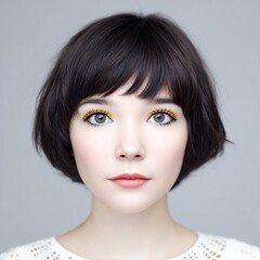 Young woman with short dark hair and striking yellow eye makeup poses against a soft gray background, showcasing a modern beauty aesthetic and captivating expression
