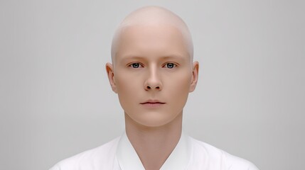 Bald individual with neutral expression, dressed in a white garment, presents a serene and minimalist aesthetic, embodying tranquility and introspection in a soft-lit environment