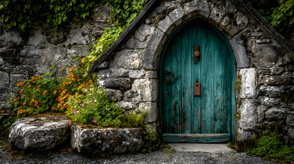 Green wooden door in a stone archway, overgrown with plants.