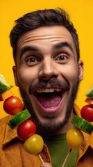 Excited Man with Vegetable Skewers: Healthy Eating Concept