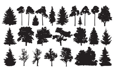 Fototapeta premium Diverse silhouettes of evergreen and deciduous trees ideal for nature and landscape designs white background
