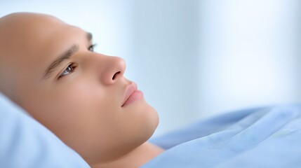 Young bald man lying on a bed with soft blue sheets, gazing thoughtfully towards the ceiling in a serene and calming environment, reflecting on personal thoughts and emotions