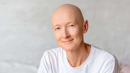 Bald woman with a serene expression, wearing a white t-shirt, poses against a soft, neutral background, conveying a sense of calmness and inner strength in a minimalist setting