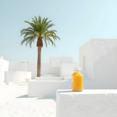bright tropical juice bottle on white wall with palm tree and clear blue sky