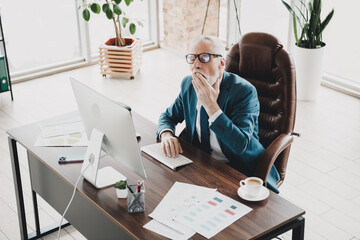 Senior businessman analyzing data on desktop computer in modern office environment