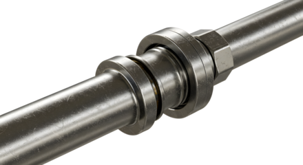 FARMING - Stainless steel pipe coupling with nuts isolated on white background, industrial plumbing connector perfect for construction projects