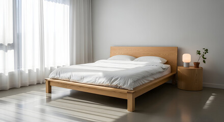 Minimalist bedroom interior showcasing a wooden bed frame and natural light creating a serene