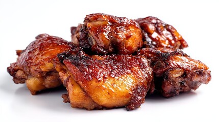 Roasted Chicken Thighs on White Background, Close-Up