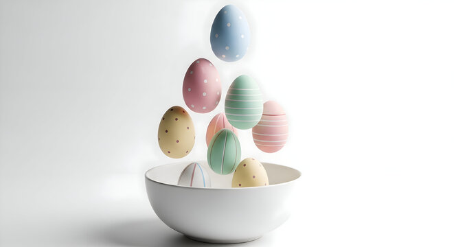 Festive easter eggs falling into a bowl: A delightful display of spring colors and celebration