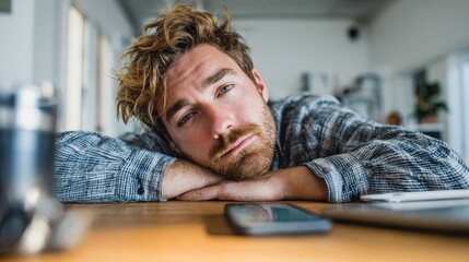 Tired Man with Phone at Desk - Overwhelmed and Unmotivated