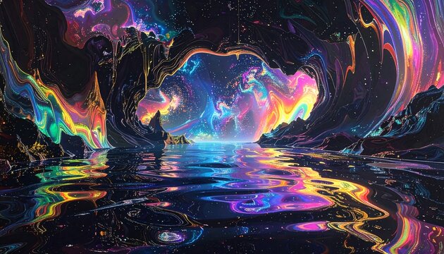 Vibrant Psychedelic Cave Landscape with Glowing Water Reflections and Cosmic Hues.