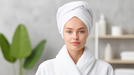 Young woman with blonde hair wrapped in a white towel, wearing a bathrobe, stands in a serene bathroom with plants and skincare products, embodying relaxation and self-care
