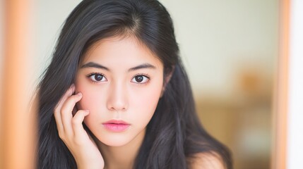 Asian woman with long black hair gazes thoughtfully at the camera, showcasing natural beauty and soft features in a serene indoor setting with warm lighting