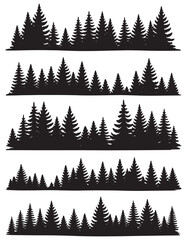 Silhouette forest landscape set black evergreen trees row nature background white background