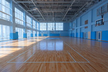 Bright empty indoor basketball court with hardwood floor and large windows