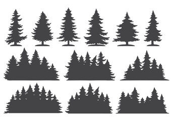 Fototapeta premium Collection of diverse evergreen pine tree silhouettes for natural landscape design elements white background