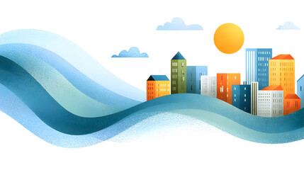 Illustration of a city skyline on a wavy background