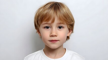 A thoughtful and serene portrait of a young Caucasian boy with blonde hair and blue eyes, captured in a simple studio setting with a plain white background.