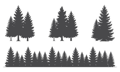 Fototapeta premium Silhouettes of pine trees and evergreen forest landscape elements for design white background