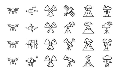 Collection of Science and Technology Icons – Drone, Circuit Board, Radiation Hazard Symbol, Telescope, Satellite Dish, Volcano Eruption, and Weather Station Outline Illustrations on White Background