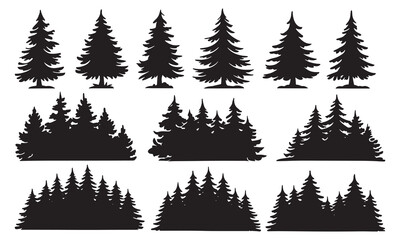 Obraz premium Collection of silhouette evergreen pine trees and forest landscapes for natural design elements white background