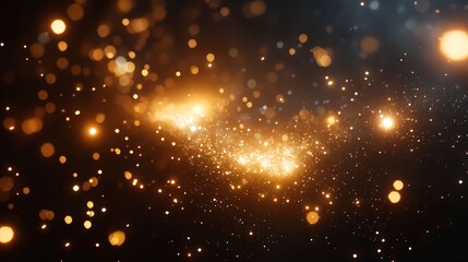 Glowing golden particles and bokeh lights floating in a dark abstract background with blurred effect