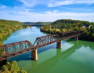 Panoramic view of a historic railroad bridge over a serene river valley