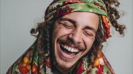 Joyful Man with Headscarf Laughing, Expressing Pure Happiness