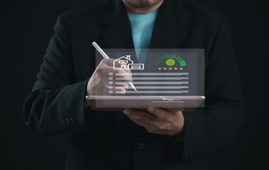 Business professional signing digital contract on tablet with house icon and five-star satisfaction rating. Concept of property agreement, customer review, and electronic document approval.