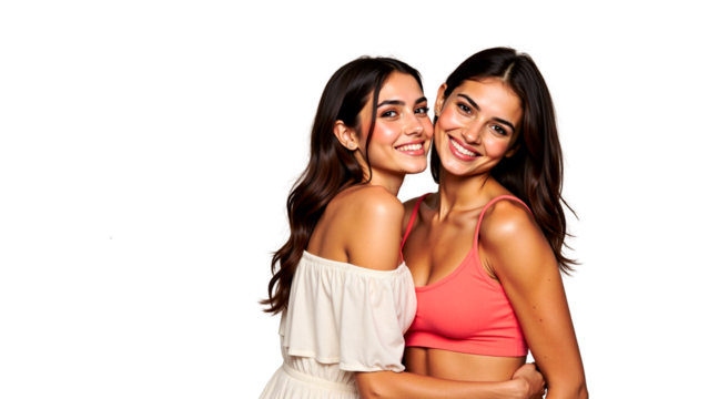 An isolate on the theme of Sisters' Day - Two young women smiling and embracing while posing together  