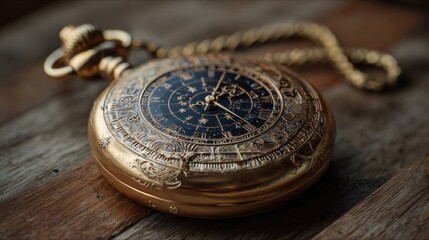 ornate gold pocket watch on wood