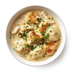Hearty Chicken and Dumplings in Cream Sauce Overhead Shot