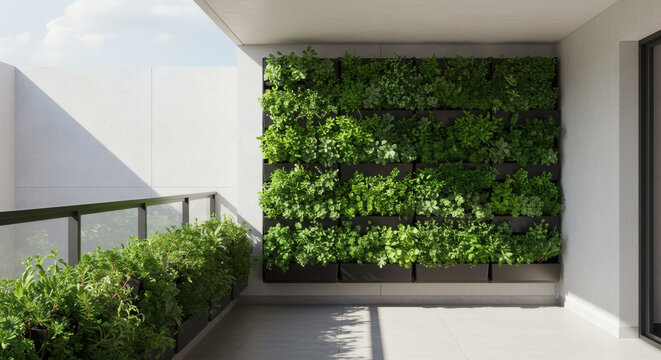 A vertical garden wall on a balcony, using a modular system with drought-resistant succulents and sedums, creating a living piece of art and maximizing space