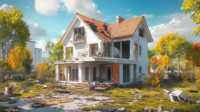 Abandoned house crumbling after natural disaster in autumn