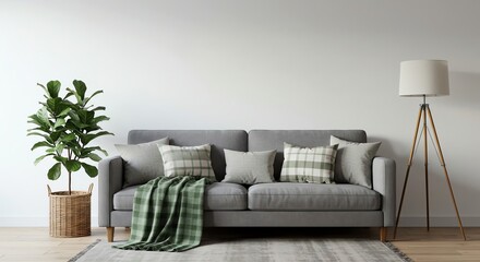 Naklejka premium Neutral toned living room featuring a gray sofa, plant and floor lamp