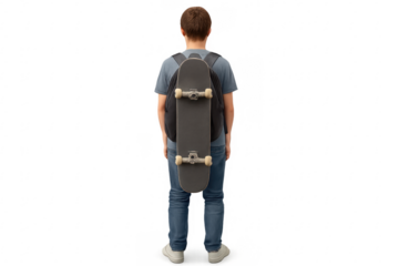 Student carrying backpack and skateboard on transparent background
