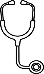 Black and white vector stethoscope icon representing healthcare, medical checkup, doctor equipment, hospital tool, cardiology, diagnostic listening device illustration design