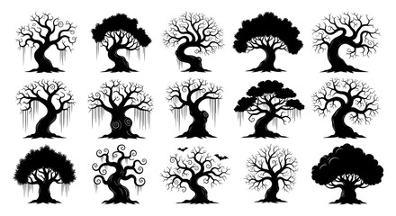 Fototapeta premium Collection of 15 silhouette spooky gnarled trees with bare branches and some with hanging vines, isolated on white background