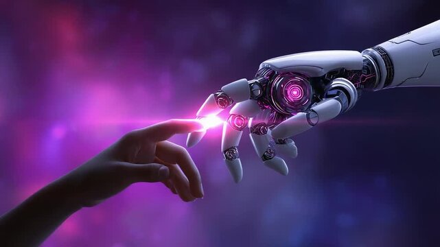 A human hand touches a robotic hand with a glowing pink fingertip in a futuristic sci‑fi setting.