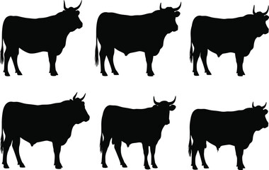 Black silhouette vector illustration of multiple cow profiles in side view, showcasing different breeds for farming, agriculture, dairy, and livestock concepts