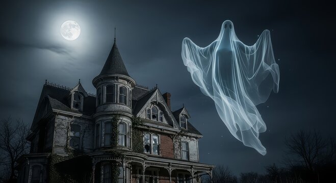 Spooky haunted house with ghost under full moon perfect for Halloween or horror-themed projects