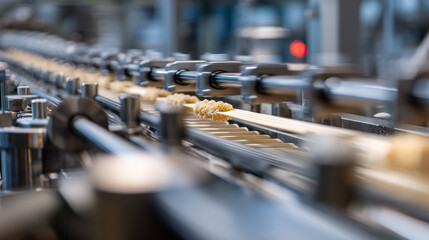 Obraz premium A close up of pasta on a conveyor belt in a factory during the production line