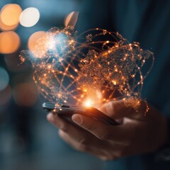 Holographic world map projected onto a smartphone. Hands hold device.  Blurred city lights background