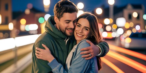 Loving couple embracing with smiles under city lights, perfect for romance and love themes