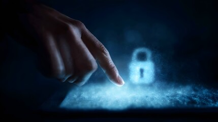 A hand touches a luminous blue padlock icon on a futuristic digital interface symbolizing online security and data protection
