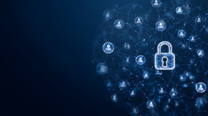 Digital network secured by a central padlock icon connecting numerous user profiles with glowing lines