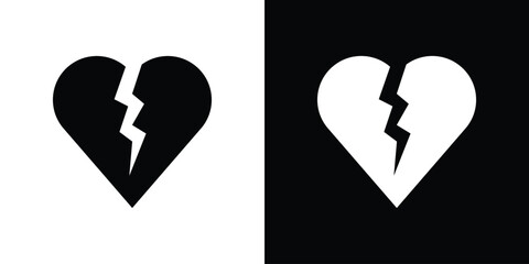 Broken heart icons set. Black and white silhouette collection
