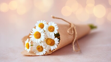Warm gift concept daisy bouquet, kraft paper twine hand wrapping, soft light bokeh background