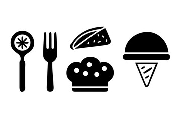Food icons set with dessert, cake, ice cream, and fork