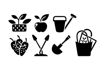 Gardening tools and plants icons in black color